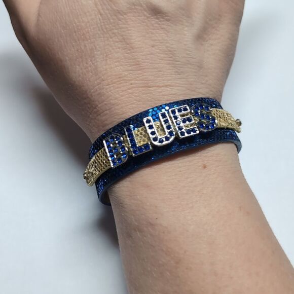 300 Sparky Yellow and Blue Silver‎ with Rhinestones BLUES Cuff Bracelet - Picture 1 of 6